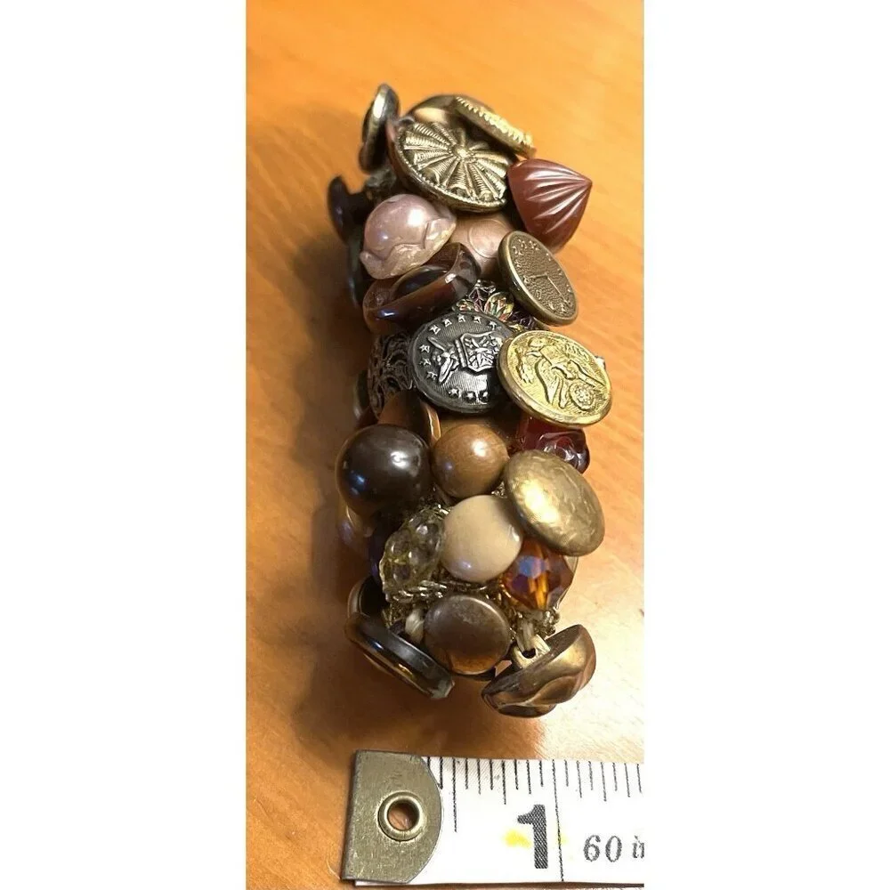 Vintage Stretch Cuff Bracelet Military Uniform Buttons Brown American USA